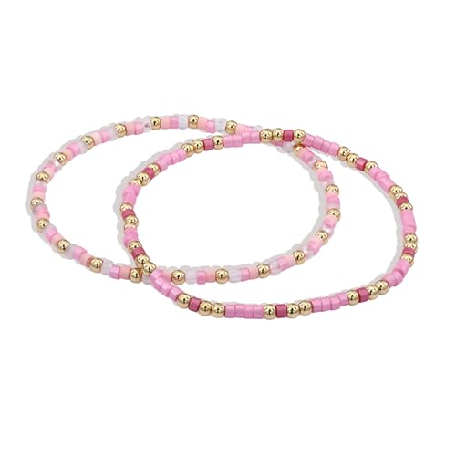 LEGENTLISUR 2 Stück Boho Armbänder Perlenarmbänder Stapelbares Armband Set Elastisches Armband Handgefertigtes Rocailles Perlenarmband Frauen Geschenkschmuck (Pink) von LEGENTLISUR