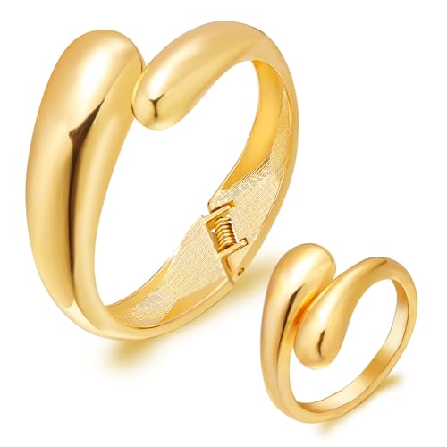 LEGENTLISUR 2 Stück Goldene Manschettenarmbänder Und Ringe Für Frauen Offene Breite Drahtarmbänder Klobige Goldene Armreife Trendige Breite Klobige Armreife Und Ringe von LEGENTLISUR