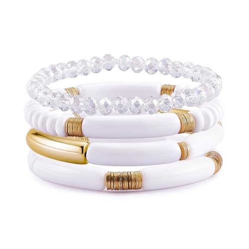 LEGENTLISUR 4 Stück Weiß Acryl Rohr Perlen Armbänder Armreif Set Surfer Armband Bamboo Tube Bracelet Stretch Golden Armband Bohemian Sommer Strand Schmuck für Frauen Mädchen von LEGENTLISUR