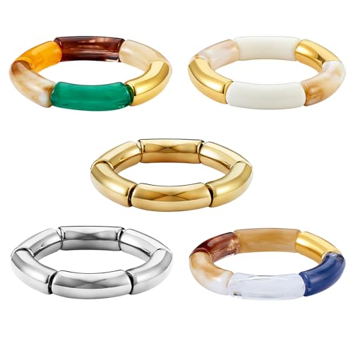LEGENTLISUR 5 Stück Acryl Rohr Perlen Armbänder Armreif Set Surfer Armband Bamboo Tube Bracelet Stretch Golden Armband Bohemian Sommer Strand Schmuck für Frauen Mädchen von LEGENTLISUR