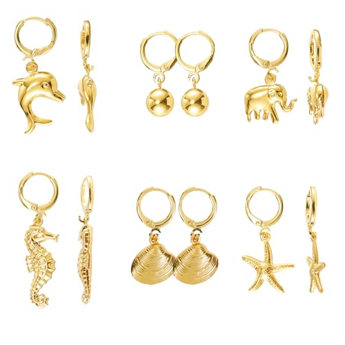 LEGENTLISUR 6 Paar Ohrringe Gold Hängend Damen 18K Vergoldet Ohrringe Edelstahl Huggie Hoop Creolen mit Anhänger Schmuck Delfin/Seestern/Krokodil/Elefant/Runde Ball Ohrringe Für Mehrere Ohrlöcher von LEGENTLISUR
