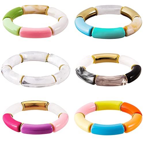 LEGENTLISUR 6 Stück Acryl Rohr Perlen Armbänder Armreif Set Surfer Armband Bamboo Tube Bracelet Stretch Golden Armband Bohemian Sommer Strand Schmuck für Frauen Mädchen von LEGENTLISUR
