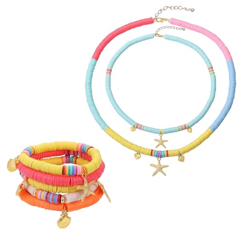 LEGENTLISUR 7 Stück Preppy Armbänder Halskette Set Srufer Armbänder Kette mit Muschel Seestern Anhänger Heishi-Stretch Armbänder y2k perlen Boho Bohemian Sommer Modeschmuck Beste Freundin Geschenke von LEGENTLISUR