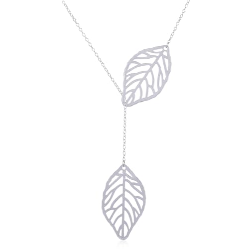 LEGENTLISUR Halskette Damen Personalisierte Halskette Boho Silber Blatt Halskette Doppelte Hohle Blatt Anhänger Y Halskette Lange Kette Choker-Schmuck für Frauen(Silber) von LEGENTLISUR