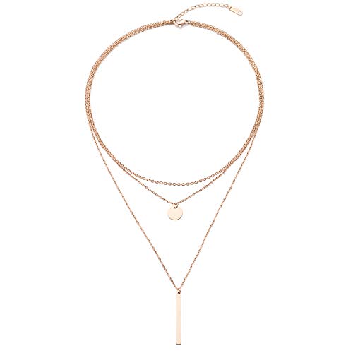 LEGITTA Damen Layered Kette mit Runder Plättchen Anhänger in Rosegold Zarte Kreis Mehrreihige Edelstahl Halskette aus Titan Nickelfrei von LEGITTA
