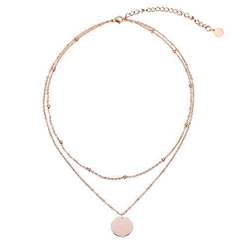 LEGITTA Damen Layered Zweireihige Kette mit Runder Plättchen Anhänger in Rosegold Zarte Kreis Mehrreihige Edelstahl Halskette aus Titan nickelfrei von LEGITTA
