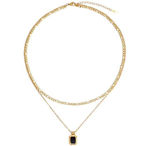 LEGITTA Layered Halskette mit Schwarzer Quadratisch Anhänger Curb Choker Figarokette Edelstahl Geschenk Schmuck für Frauen Mädchen von LEGITTA