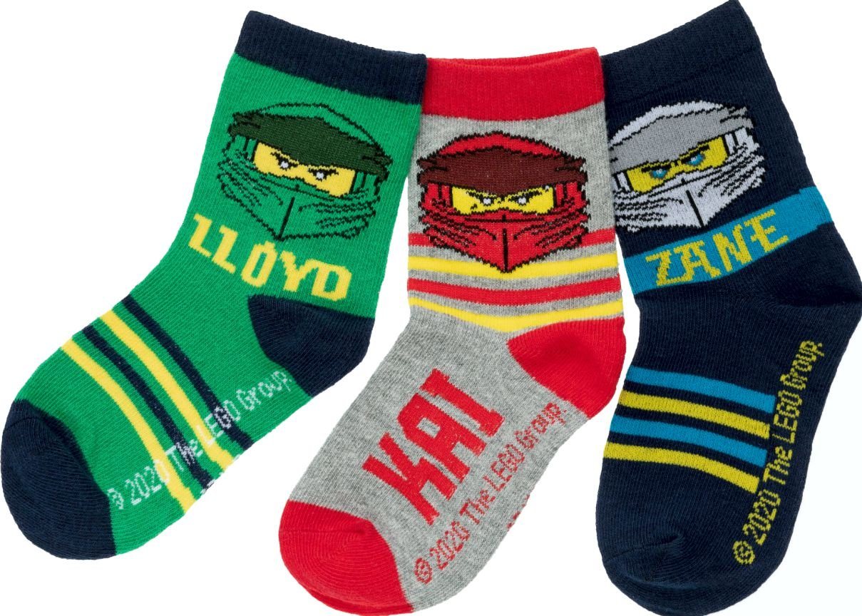 LEGO® Freizeitsocken LEGO NINJAGO Socken Set 3 Paar Kindersocken Kinder Strümpfe für Jungen Ninja BUNT Gr.23 24 25 26 27 28 29 30 31 32 33 34 von LEGO®