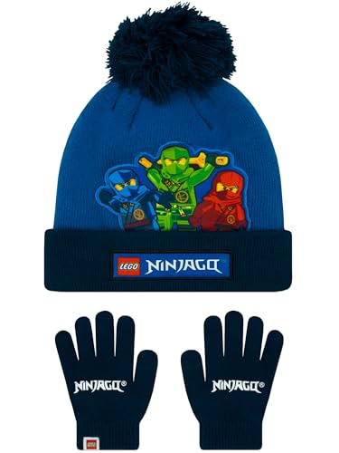 LEGO Ninjago Handschuhe Und Mütze Set | Kai, Lloyd Und Jay Winterset Kinder Junge | Mütze Und Handschuhe | One Size Blau von LEGO