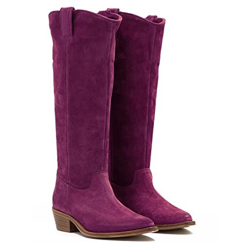 LEHOOR Damen Niedriger gestapelter Absatz Slouchy Kniehohe Westernstiefel Spitze Quadratische Zehenpartie Samt Wildleder Cowboystiefel 3,8 cm Absatz Schlupfstiefel Breite Wade Bequem Elegant Casual Winter 4-13 M US, Wildleder Lila, 37 EU von LEHOOR