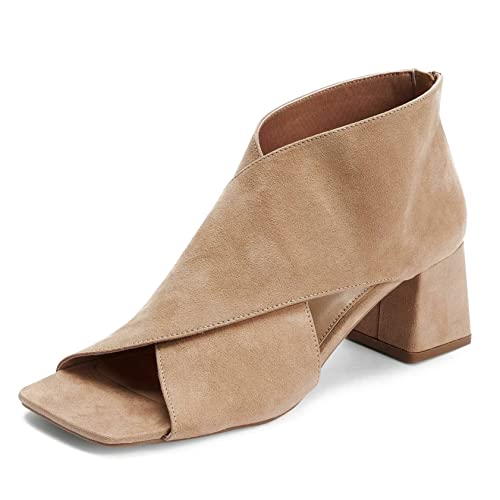 LEHOOR Damen-Stiefeletten mit klobigem Absatz, offener Zehenbereich, Wildleder, seitlicher Ausschnitt, quadratisch, Peep-Toe, 5,1 cm, Blockabsatz, Sandalen, Booties hinten, Reißverschluss, Büro, von LEHOOR