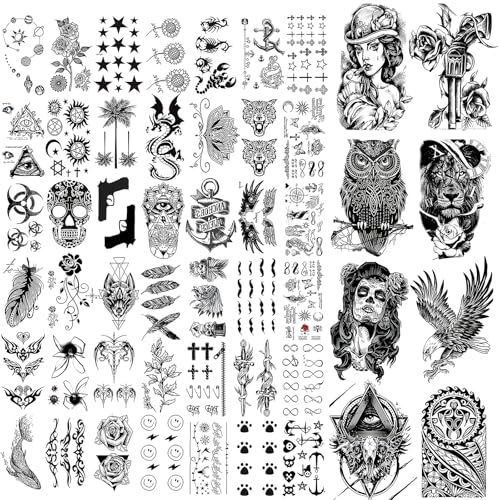 50 Blatt temporäre Tattoo-Aufkleber, gefälschte Körper-, Arm-, Brust- und Schulter-Tattoos für Männer und Frauen, temporäre Halloween-Tattoos, schwarze gefälschte Totenkopf-Skelett-Tattoos für Hallowe 50 Blatt temporäre Tattoo-Aufkleber, gefälschte Körper-, Arm-, Brust- und Schulter-Tattoos für Männer und Frauen, temporäre Halloween-Tattoos, schwarze gefälschte Totenkopf-Skelett-Tattoos für Hallowe von LEIAOLY