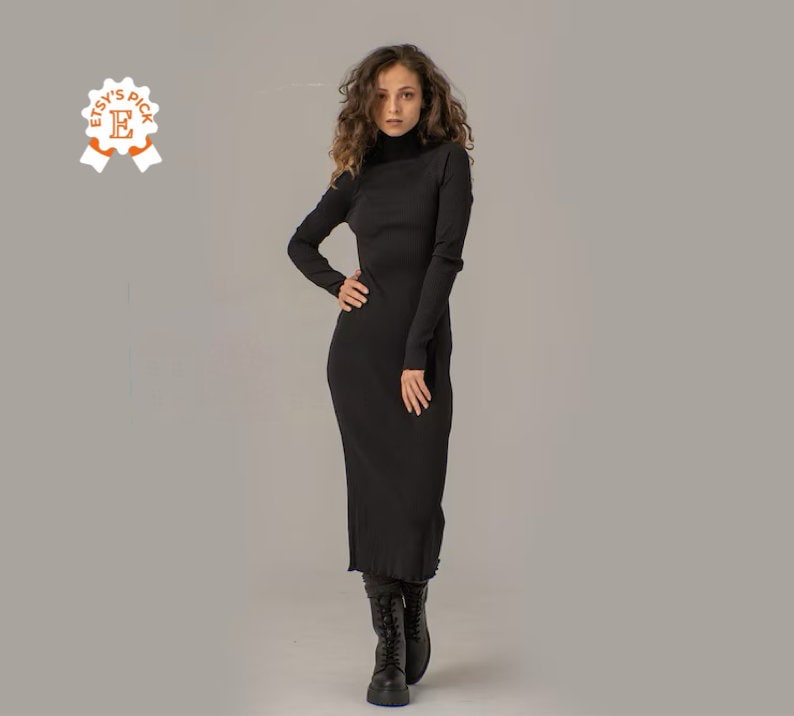 Feinstrick Maxi-Pulloverkleid, Geripptes Bleistiftkleid, Langes Schwarzes Rollkragen-Bodycon-Kleid, Eng Anliegendes Kleid, Elegantes Abendkleid Im von LEICNECRAcasual