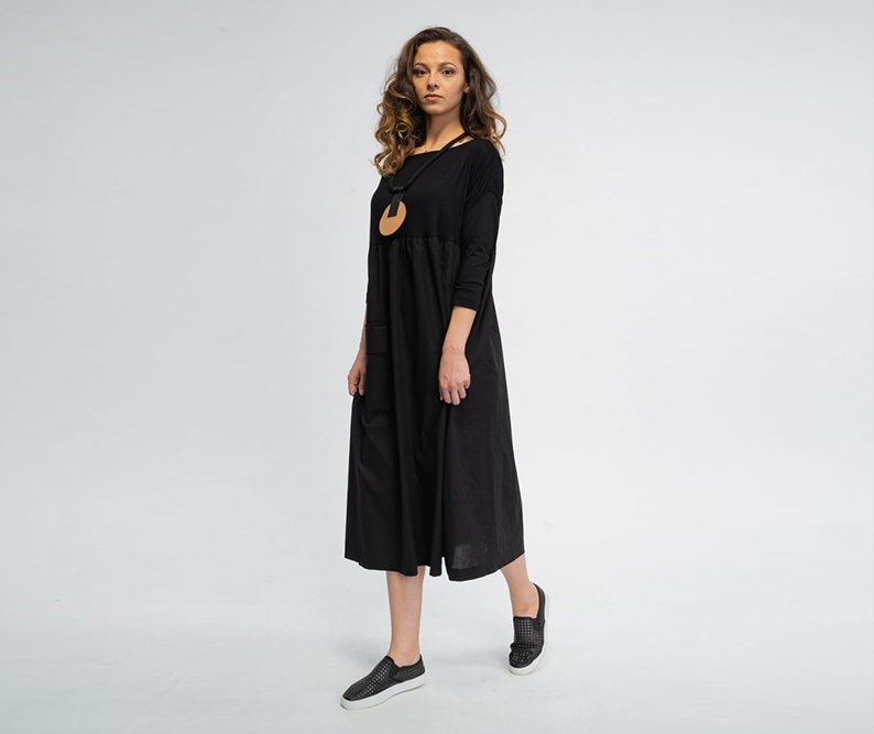 Schwarzes Kleid Frauen, Maxi Gothic Kleid, Plus Größe Baumwollkleid, Schwarzes Langes Midi Kleid, Taschen Sommer von LEICNECRAcasual
