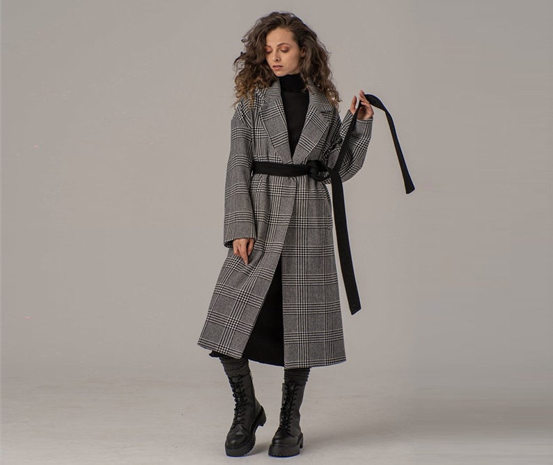 Tartan Wolle Revers Kragen Mantel, Gürtel Offene Fornt Karierter Wintermantel, Baggy Minimalist Lange Elegante Damen Mantel von LEICNECRAcasual