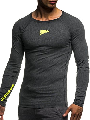 Leif Nelson Gym Herren Fitness Shirt Rundhals-Ausschnitt Slim Fit Langarm Männer Trainingsshirt Top Rundkragen Sport Sweatshirt - Hoodie für Bodybuilding Training 6283 Anthrazit-Gelb Small von Leif Nelson