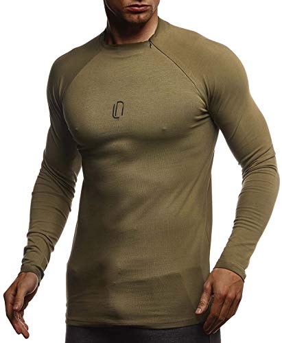 Leif Nelson Gym Herren Fitness Langarm-Shirt Funktionsshirt Slim Fit Männer Bodybuilder Trainingsshirt Sportshirt - Bekleidung für Bodybuilding Training LN8285 Khaki-Schwarz X-Large von Leif Nelson