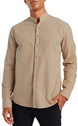 Leif Nelson Herren Leinenhemd Hemd Leinen Kurzarm T-Shirt Oversize Stehkragen Männer Freizeithemd Sommerhemd Regular Fit Jungen Basic Shirt Kurzarmshirt Freizeit Sweater LN3860 Beige Medium von Leif Nelson