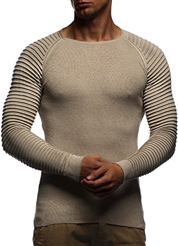 LEIF NELSON Herren Strickpullover Basic Rundhals Crew Neck Sweatshirt Langarm Sweater Feinstrick LN20729, Größe XXL, Beige von Leif Nelson