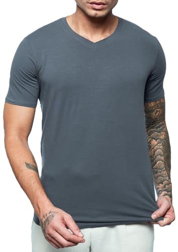 Leif Nelson Herren T-Shirt Slim Fit, V-Ausschnitt Kurzarm Stretch-Shirt, Figurbetontes Basic Oberteil aus hohen Baumwolle-Anteil, T-Shirts Männer Sommer, Grau XL von Leif Nelson