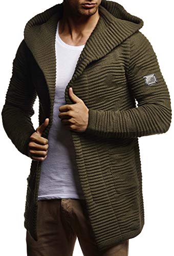 Leif Nelson Herren Strickjacke lang mit Kapuze & Reißverschluss (Khaki, Größe M) - Strick Sweatjacke Männer Cardigan für Winter von Leif Nelson