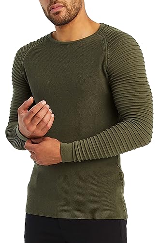 LEIF NELSON Herren Strickpullover Basic Rundhals Crew Neck Sweatshirt Langarm Sweater Feinstrick LN20729, Größe XXL, Khaki von Leif Nelson