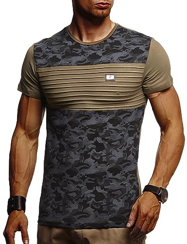 Leif Nelson Herren Sommer T-Shirt Rundhals-Ausschnitt Slim Fit Baumwolle-Anteil Moderner Männer T-Shirt Crew Neck Hoodie-Sweatshirt Kurzarm lang LN405 Khaki-Schwarz Small von Leif Nelson