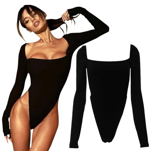 LEILEICAILI Body mit hohem Beinausschnitt, gerippter U-Ausschnitt, schulterfrei, kurzer Strampler, Jumpsuit, Trikot, lange Ärmel(S) von LEILEICAILI