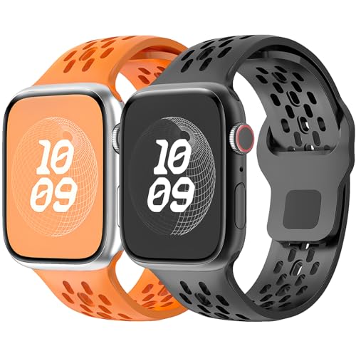 2 Pack Uhrenarmband für Apple Watch 41mm 45mm 44mm 40mm 49mm 42mm 38mm Atmungsaktives Weiches Silikon Armband für Apfelband Ultra 2 SE 9 8 7 6 5 4 3 Kinder Herren Damen(42/44/45/49mm,Schwarz/Orange) von LEIXIUER