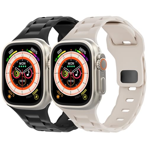 2 Pack Uhrenarmband für Apple Watch 41mm 45mm 44mm 40mm 49mm 42mm 38mm Weiches Silikon 3D Sport Armbänder für Apfelband Ultra 2 SE Series 9 8 7 6 5 4 3 Kinder Herren Damen(Schwarz/Stern,42/44/45/49mm) von LEIXIUER