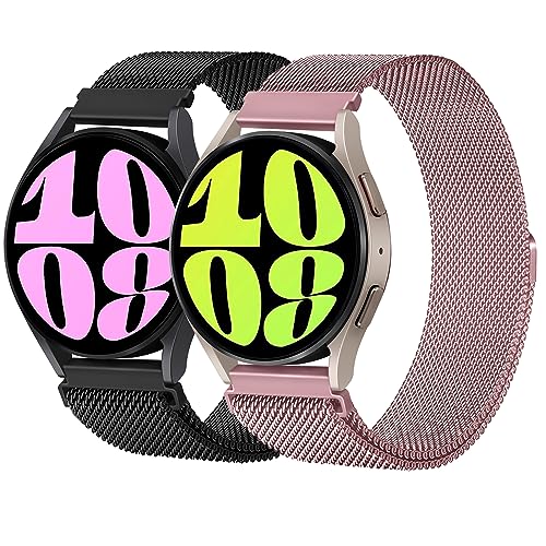 2 Stück Edelstahl Armband Mesh für Samsung Galaxy Watch 6 Strap 40mm 44mm 43mm 47mm - 20mm Milanaise Metall Uhrenarmband Ersatzband mit Magnetverschluss für Galaxy Watch 5/4 Band(Schwarz/Rosenrosa) von LEIXIUER