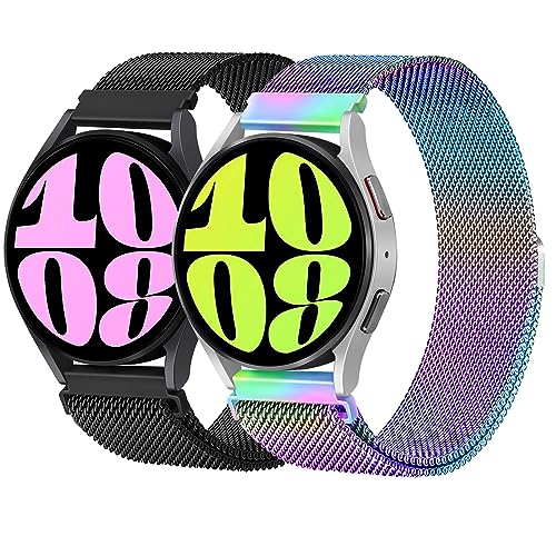 2 Stück Edelstahl Armband Mesh für Samsung Galaxy Watch 6 Strap 40mm 44mm 43mm 47mm - 20mm Milanaise Metall Uhrenarmband Ersatzband mit Magnetverschluss für Galaxy Watch 5/4 Band(Schwarz/farbenfroh) von LEIXIUER