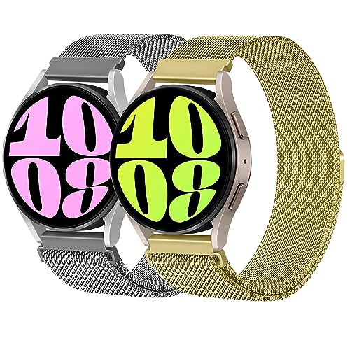 2 Stück Edelstahl Armband Mesh für Samsung Galaxy Watch 6 Strap 40mm 44mm 43mm 47mm - 20mm Milanaise Metall Uhrenarmband Ersatzband mit Magnetverschluss für Galaxy Watch 5/4 Band(Silber/Gold) von LEIXIUER