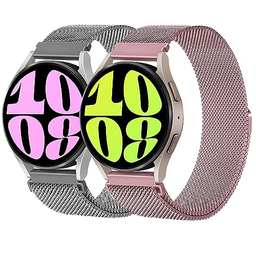 2 Stück Edelstahl Armband Mesh für Samsung Galaxy Watch 6 Strap 40mm 44mm 43mm 47mm - 20mm Milanaise Metall Uhrenarmband Ersatzband mit Magnetverschluss für Galaxy Watch 5/4 Band(Silber/Rosenrosa) von LEIXIUER