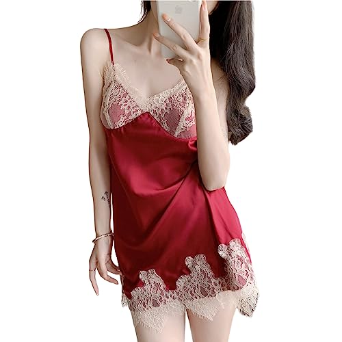 LEJAHAO Satin Nachthemd Damen Sexy Kurz mit Spitze Negligee Babydoll Spaghettiträger ärmellos V Ausschnitt Unterkleid Schlafkleid Nachtwäsche Cami Full Slip für Frauen Rot L von LEJAHAO