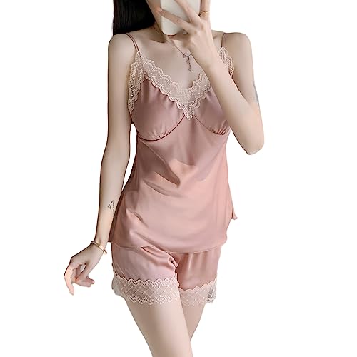 LEJAHAO Sexy Schlafanzug Damen Kurz Sommer Pyjama Set Satin Spitze Edel Zweiteiler Hausanzug Nachtwäsche Loungewear mit Ärmlos Cami Top Spaghettiträger und Shorts Negligee für Frauen Woman Rosa von LEJAHAO