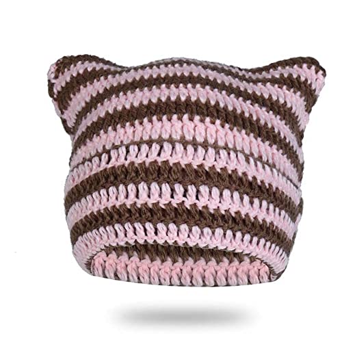 LEJAHAO Y2K Cat Beanie Mütze Damen Winter Hat Women Katzenmütze Katzenohren Damenmützen Modern Warme Thermo Winddichte Strickmütze Schöne Lustige Wintermützen Haube Frauen Mädchen Skimütze (Pink) von LEJAHAO