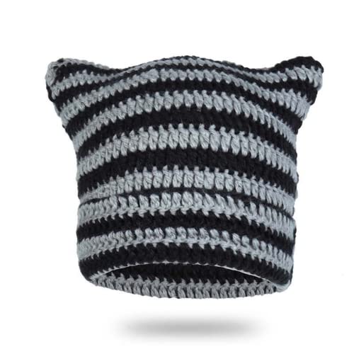 LEJAHAO Y2K Cat Beanie Mütze Damen Winter Hat Women Katzenmütze Katzenohren Damenmützen Modern Warme Thermo Winddichte Strickmütze Schöne Lustige Wintermützen Haube Frauen Mädchen Skimütze (Schwarz) von LEJAHAO