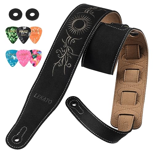 LEKATO Gitarrengurt aus Wildleder, Schaumstoffpolsterung, 35" bis 51" Jahrgang verstellbares Bassgurt für E-Gitarre/Akustikgitarre/Westerngitarre/E Bass, Gitarrenzubehör für Männer/Frauen (schwarz) von LEKATO