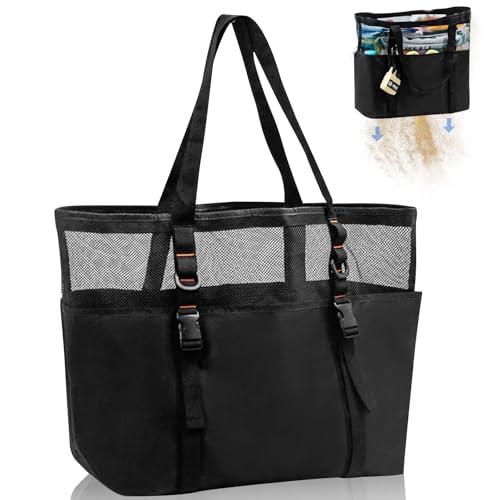LEKEFETO Groß Familie mit Reißverschluss Strandtasche: 40L Wasserdicht Schwimmbad Tasche mit Reißverschluss Nassem Fach, Mesh Beach Bag Shopper Faltbare, Atmungsaktiv Shopper, für Strand Urlaub Gym von LEKEFETO