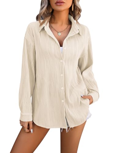 LEKOPUR Beige Bluse Damen Elegant V Ausschnitt Hemd Tunika Langarm Welle Ringelshirt Damenblusen Festliche Oberteile Einfarbig Button Down Blusenshirt Longbluse von LEKOPUR