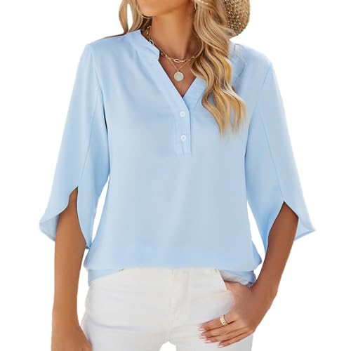 LEKOPUR Blau Bluse Damen Festliche Oberteile Tunika 3/4 Arm Damenblusen Chiffon Musselin Bluse Einfarbig Frühling Herbst Blusenshirt Flowy Sommerbluse von LEKOPUR
