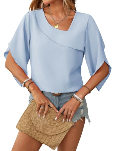 LEKOPUR Blau Damenblusen Chiffon 3/4 Arm - Leichte Tunika mit V-Ausschnitt Schickes Festliche Oberteil für Anlässe von LEKOPUR