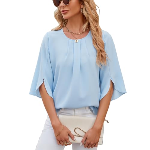 LEKOPUR Blau Oberteil Damen Elegant 3/4 Arm Bluse Tunika Chiffon Damenblusen Oberteile Einfarbig Frühling Herbst Blusenshirt Flowy Sommerbluse von LEKOPUR