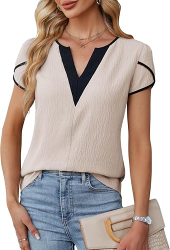 LEKOPUR Bluse Damen Kurzarm Beige Shirt Blusen Elegant Farbblock V-Ausschnitt Sommer Oberteil für Party Outfit Tunika Damenblusen von LEKOPUR