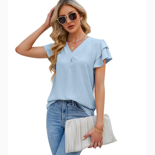 LEKOPUR Bluse Damen Kurzarm Blau Shirt Blusen Elegant V-Ausschnitt Sommer Oberteil für Party Outfit Tunika Damenblusen von LEKOPUR