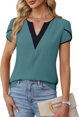 LEKOPUR Bluse Damen Kurzarm Pfau Shirt Blusen Elegant Farbblock V-Ausschnitt Sommer Oberteil für Party Outfit Tunika Damenblusen von LEKOPUR