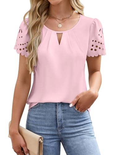 LEKOPUR Bluse Damen Kurzarm Rosa Chiffon Shirt Blusen Elegant Lochmuster V-Ausschnitt Sommer Festliche Oberteil für Party Outfit Tunika Damenblusen von LEKOPUR