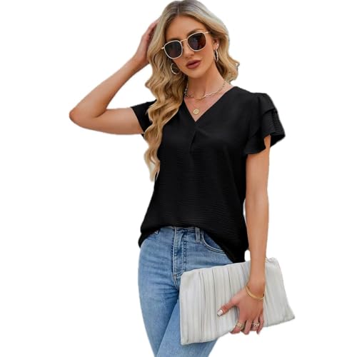LEKOPUR Bluse Damen Kurzarm Schwarze Shirt Blusen Elegant V-Ausschnitt Sommer Oberteil für Party Outfit Tunika Damenblusen von LEKOPUR