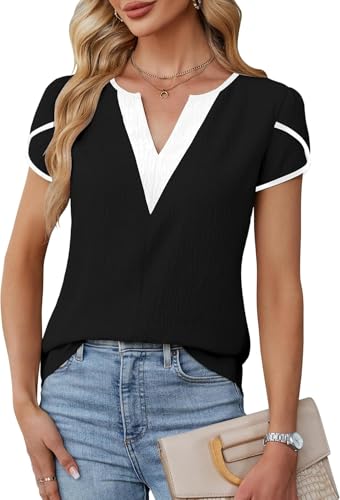 LEKOPUR Bluse Damen Kurzarm Shirt Blusen Elegant Schwarze Weiß Farbblock V-Ausschnitt Sommer Oberteil für Party Outfit Tunika Damenblusen von LEKOPUR